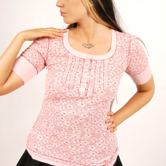 Y2K Pink Floral Henley Top (S) waffle knit small womens daisy pastel cute boho - Picture 8 of 8